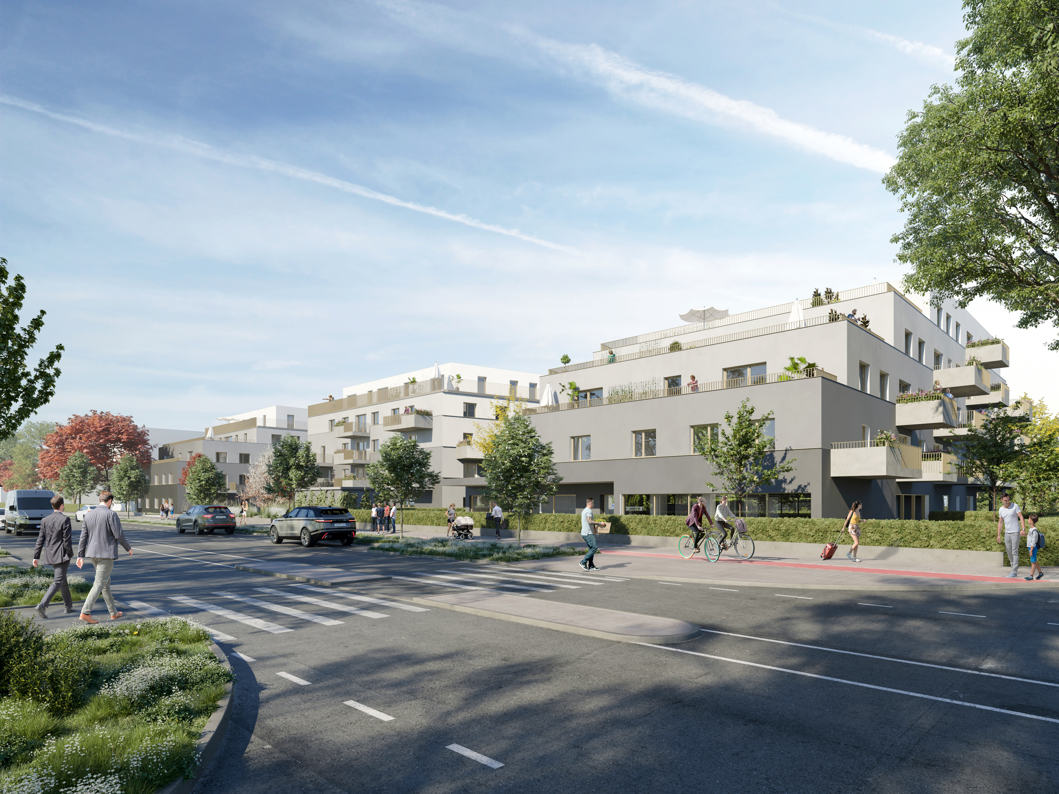 Außenansicht-Rendering des Projektes Am Hirschfeld in der Gerasdorfer Straße in 1210 Wien